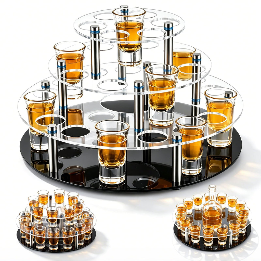 3 Tier 30 Shot Glass Holder Tray with Central Bottle Slot