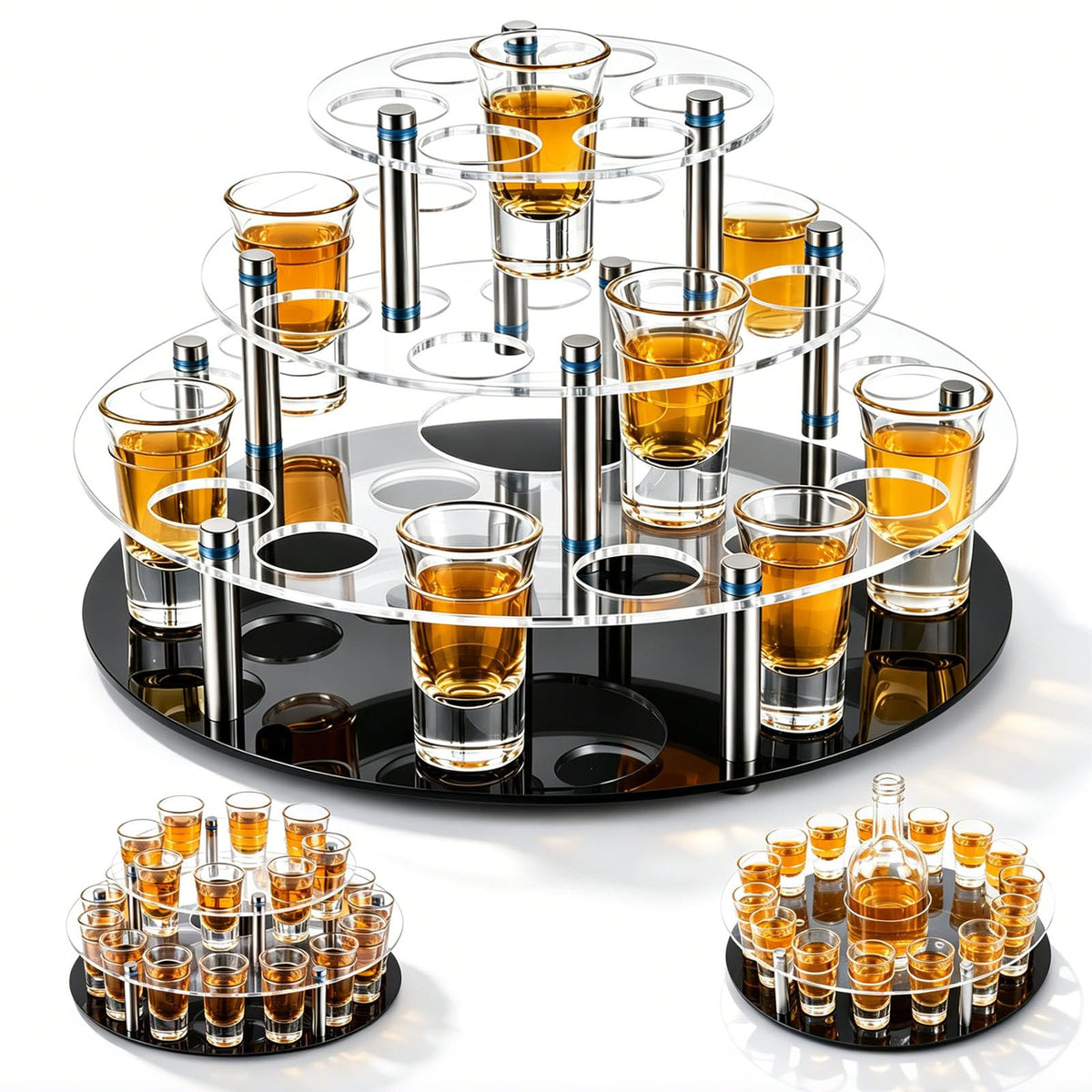 3 Tier 30 Shot Glass Holder Tray with Central Bottle Slot