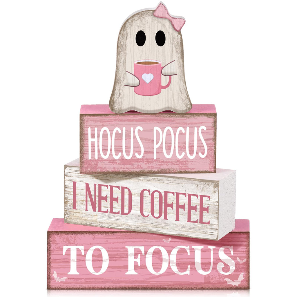 Moucuny 4 Pcs Pink Halloween Table Decor Ghost Wooden Stacked Block Decor Pink Coffee Ghost
