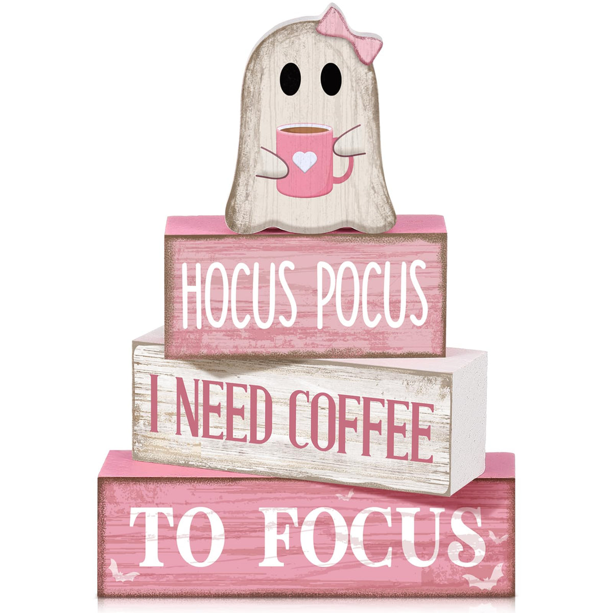 Moucuny 4 Pcs Pink Halloween Table Decor Ghost Wooden Stacked Block Decor Pink Coffee Ghost