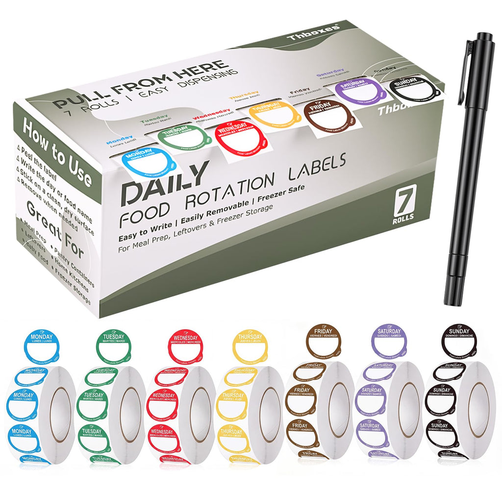 7000 Pcs Removable Day Label with Marker, 7 Colors, 1 inch - Peel Tab Waterproof Freezer Safe Food Labels (Mon-Sun) for Meal Prep and Restaurant Kitchen