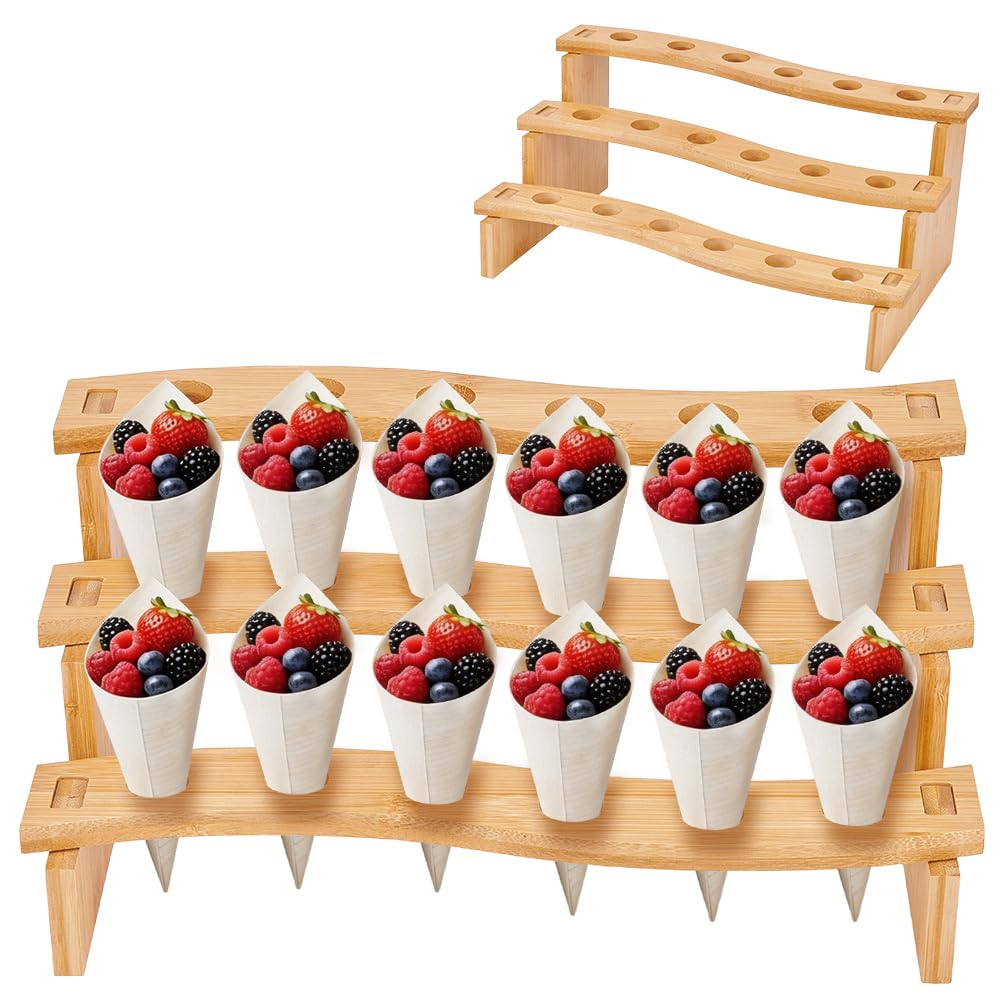 BENECREAT Ice Cream Cone Holder Stand, 12.99x7.36x5.71inch Food Display Rack for Catering Events Natural Wood Cone Display with Sturdy Construction for Parties and Buffets