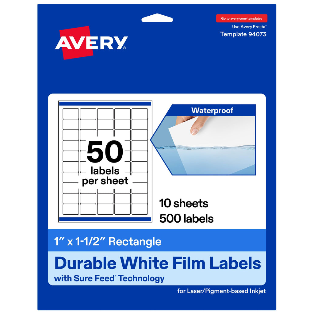 Avery® Durable White Rectangle Waterproof Labels, 1" x 1.5", Laser/Pigment-Based Inkjet Printer Compatible, 500 Printable Labels Total, Great for Branding, Packaging, and More 500 labels