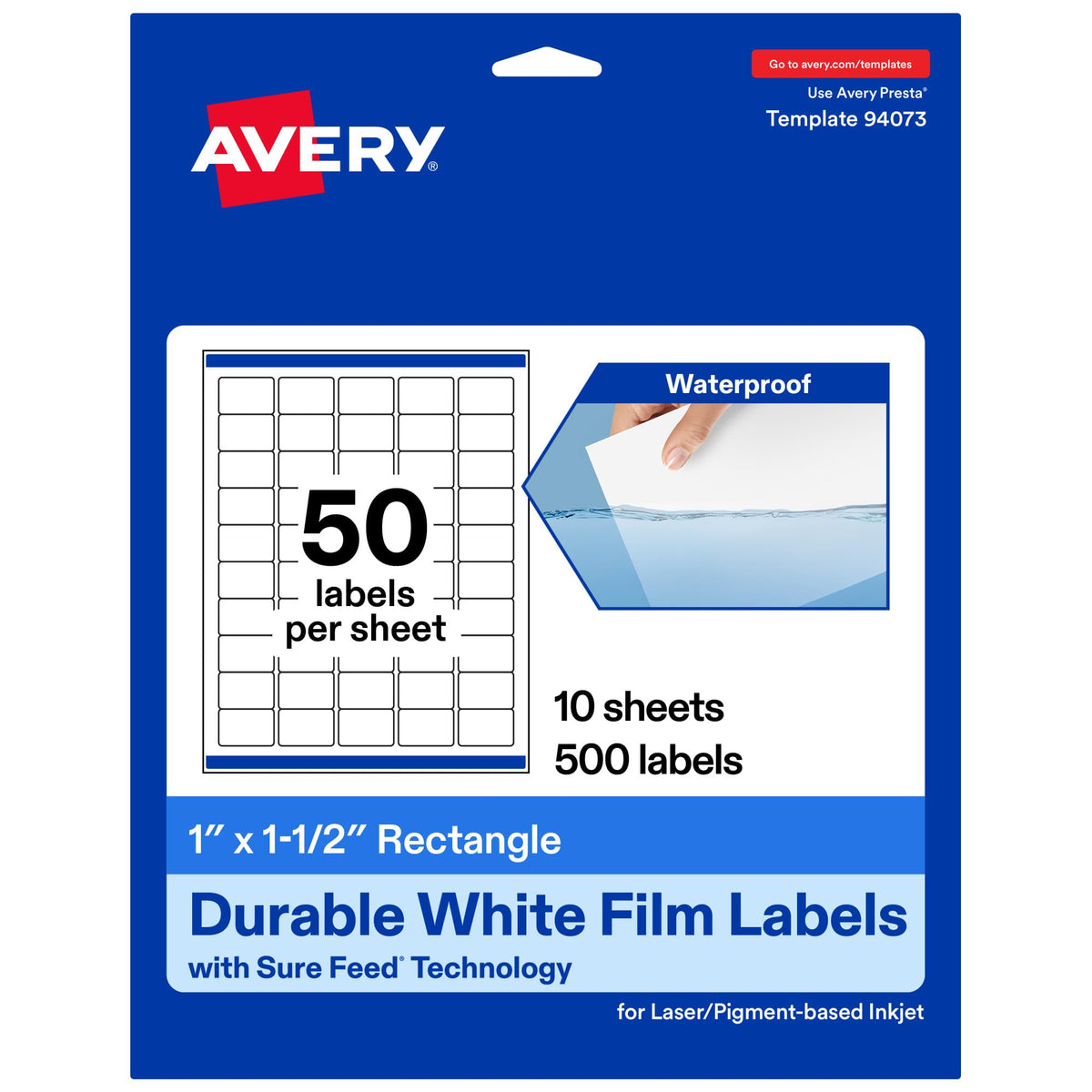 Avery® Durable White Rectangle Waterproof Labels, 1" x 1.5", Laser/Pigment-Based Inkjet Printer Compatible, 500 Printable Labels Total, Great for Branding, Packaging, and More 500 labels