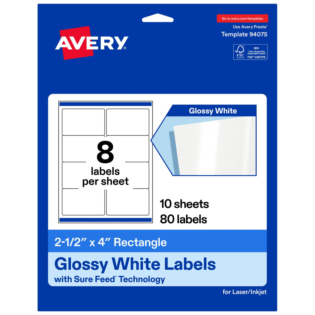 Avery Glossy White Rectangle Labels, 2.5" x 4", Sure Feed Technology, Laser/Inkjet Printer Compatible, 80 Printable Labels Total, Great for Branding, Packaging, and More 80 labels