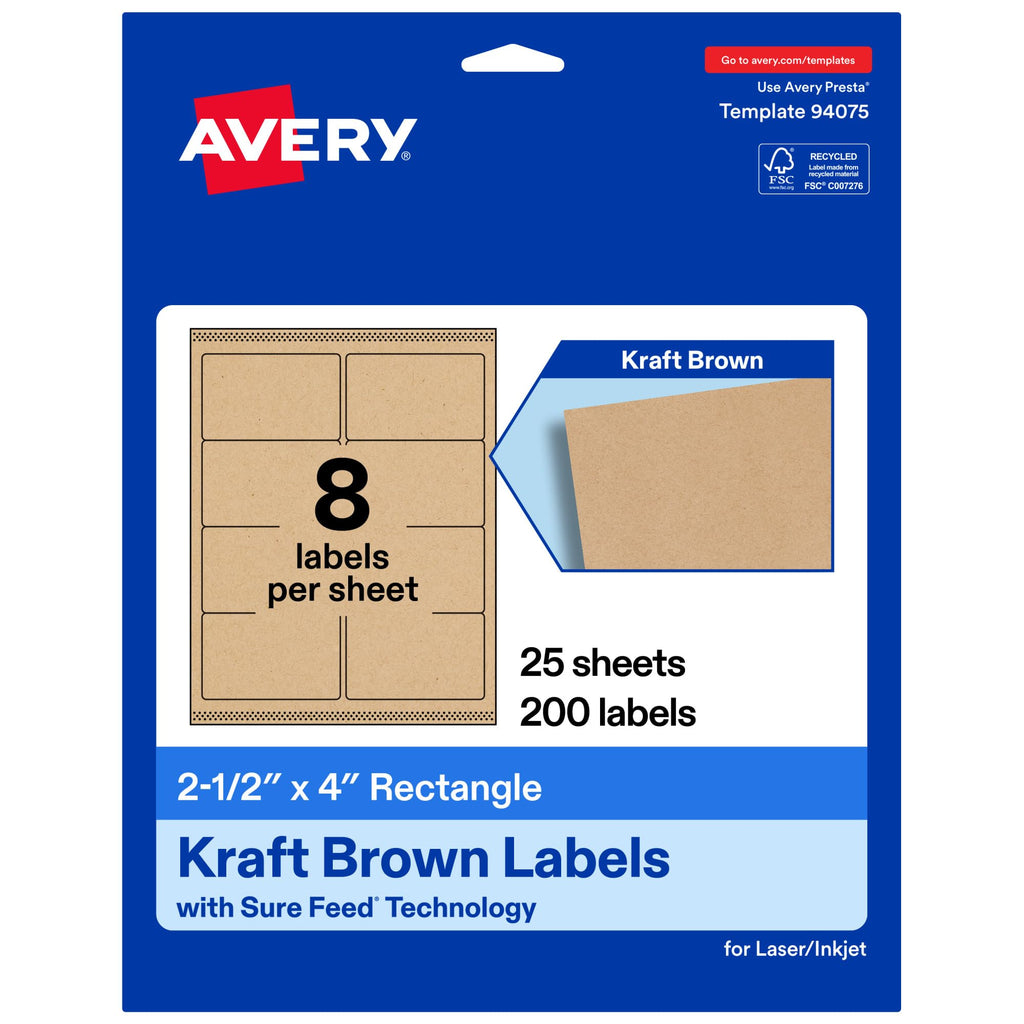 Avery® Kraft Brown Rectangle Labels, 2.5" x 4", Sure Feed Technology, Laser/Inkjet Printer Compatible, 200 Printable Labels Total, Great for Branding, Packaging, Events, and More 200 labels