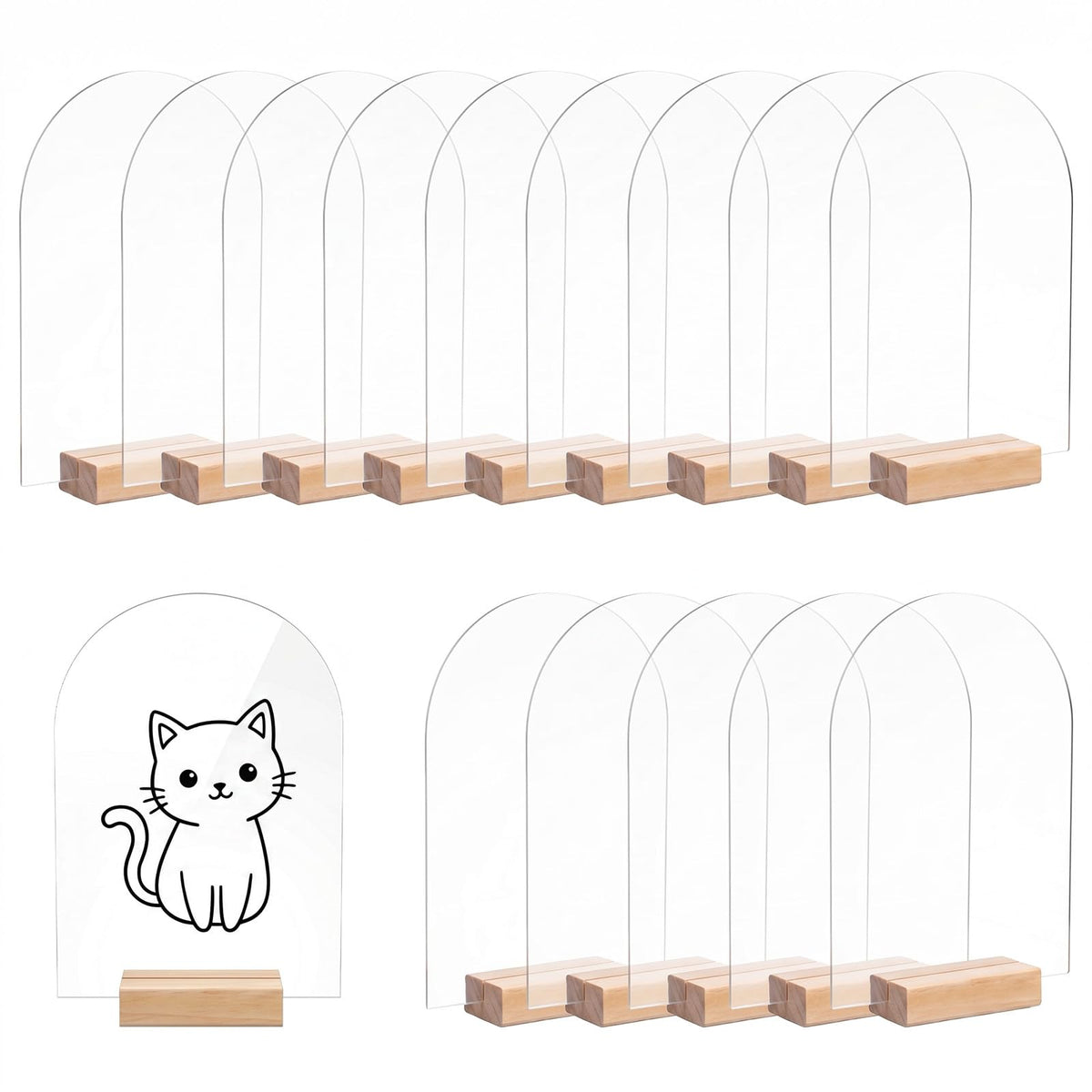 15 Pack Acrylic Sign with Wooden Stands, Arch Table Numbers 3.7x6 Inch Clear Blank Arced Sheets for DIY Wedding Centerpiece Party Decor