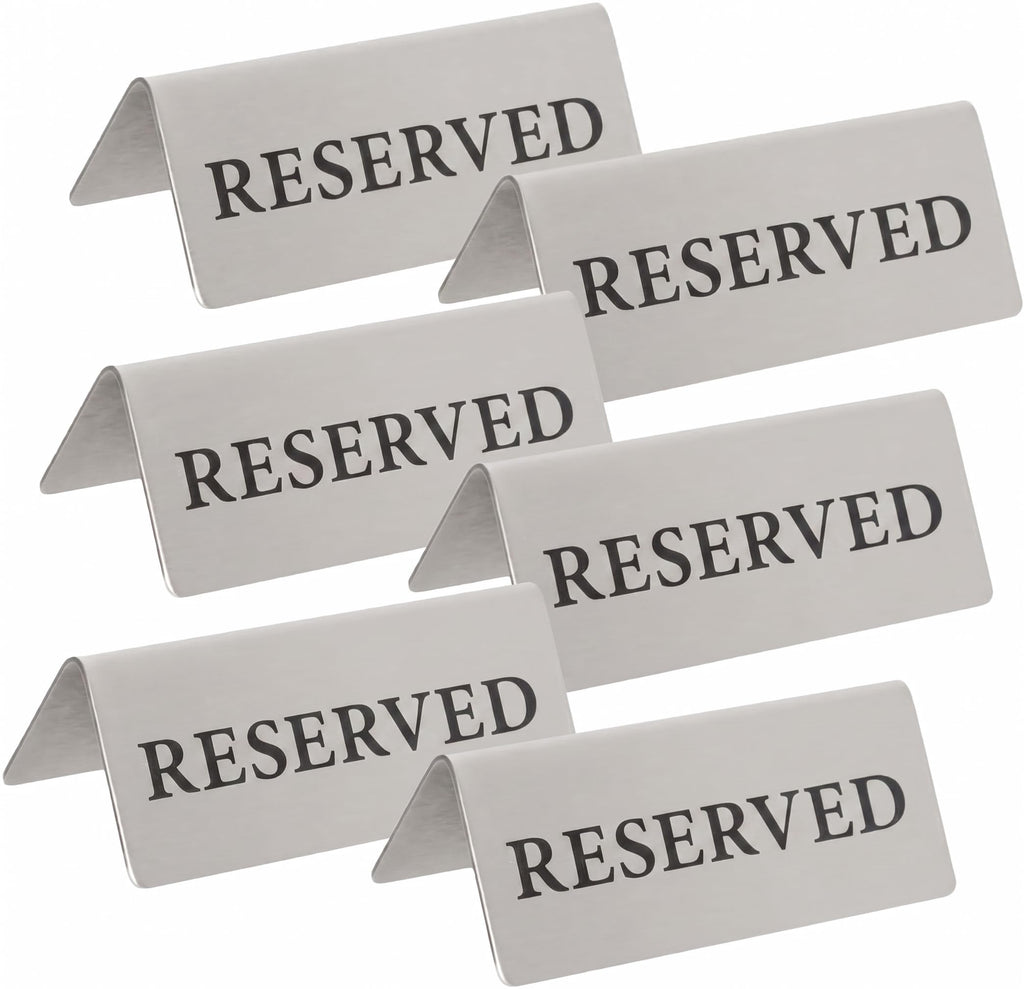 Reserved Table Signs Set of 6 - Heavy Stainless Steel Table Reservation Plates - Durable, Stackable and Waterproof Metal Signs for Restaurants, Hotels, Bars, Cafés, Weddings and Events Design 2