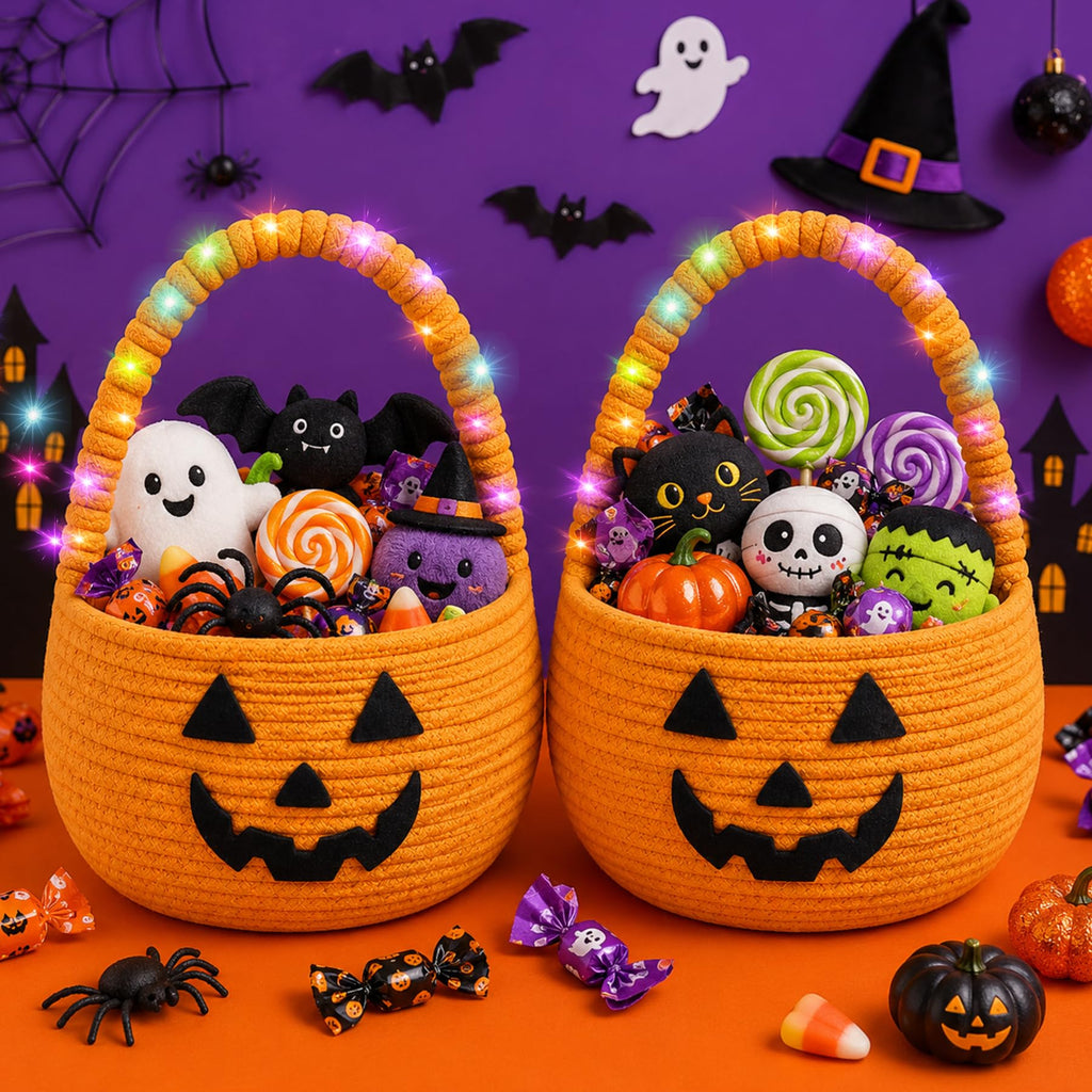 2Pcs Halloween Trick or Treat Basket with LED String Lights - Orange Orange+light