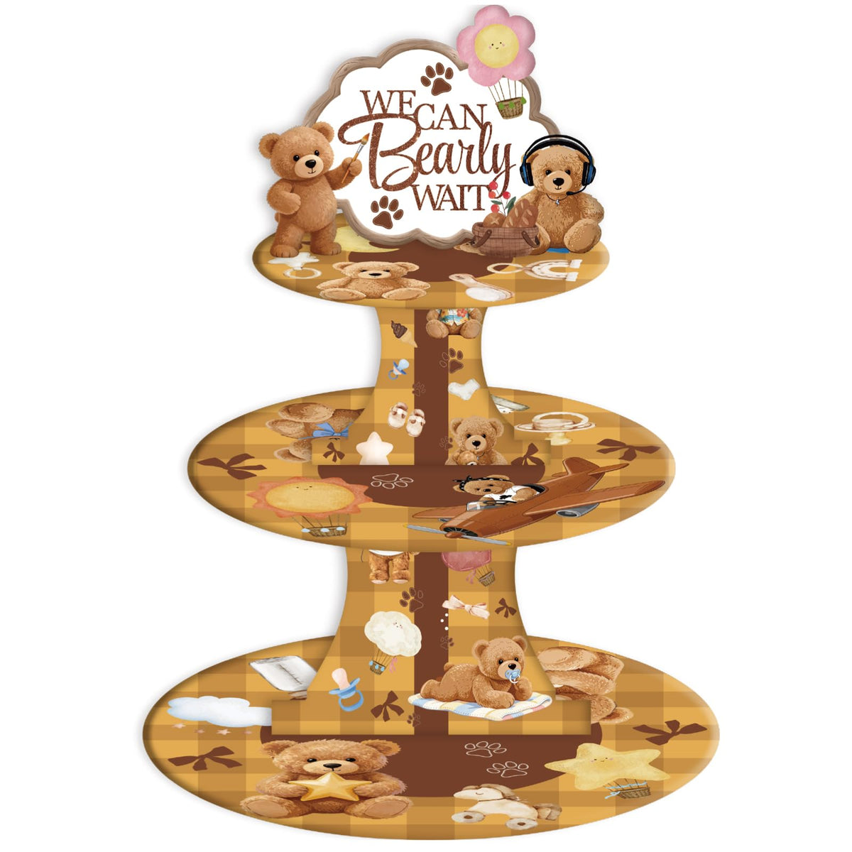 Bear Baby Shower Cupcake Stand - Brown 3 Tier Teddy Bear Baby Shower Decorations for Boys Girls, We Can Bearly Wait Dessert Table Decor with Toppers Gender Reveal Party Supplies