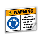 WARNING Hearing Protection Must Be Worn In This Area Sign Label – 5"x7" ANSI Z535 OSHA Style Safety Sticker – Heavy Duty Waterproof Vinyl with Aggressive Adhesive – Industrial PPE Decal Pack of 10