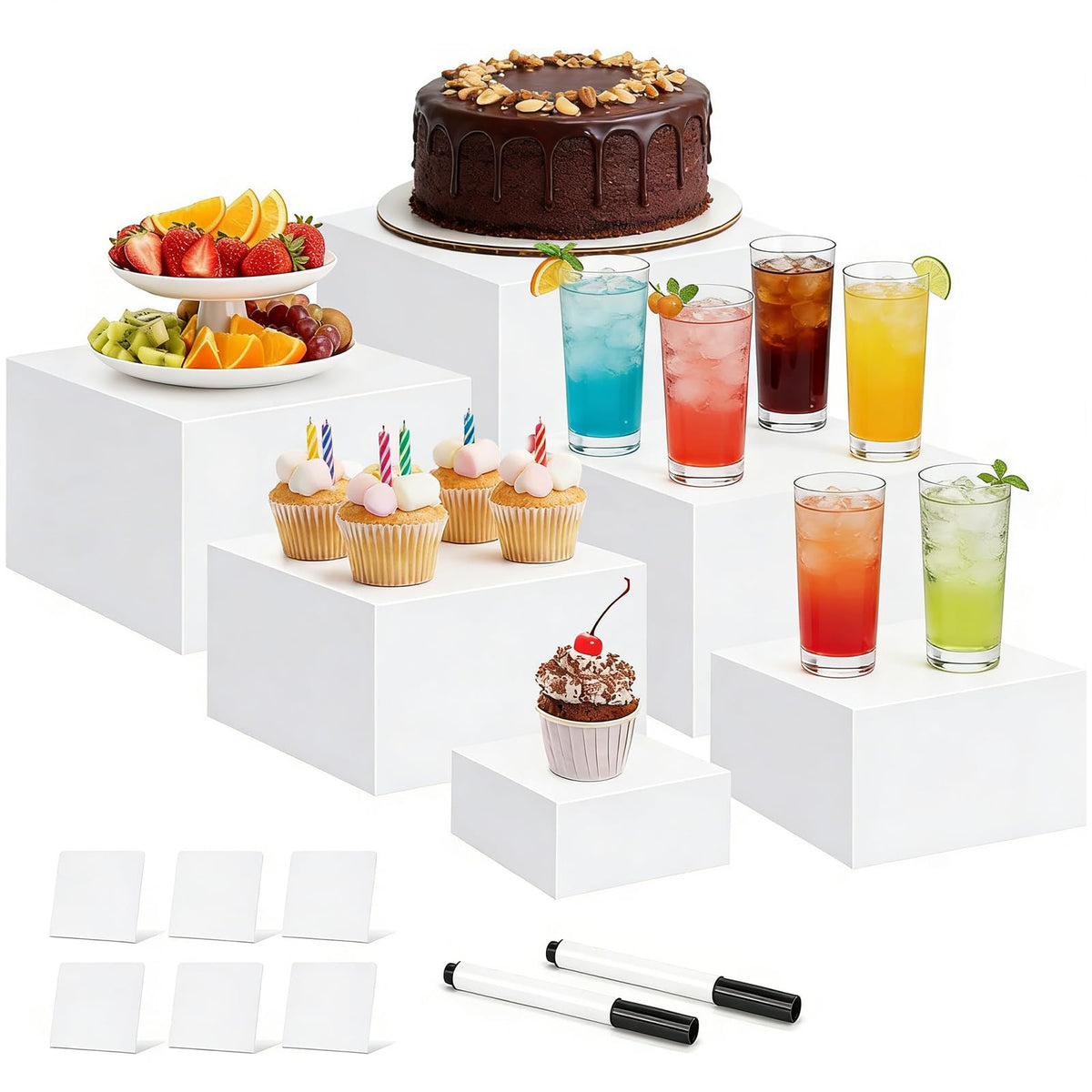 6 Pcs Acrylic Buffet Risers and Stand Food Risers with Mini Sign and Marker