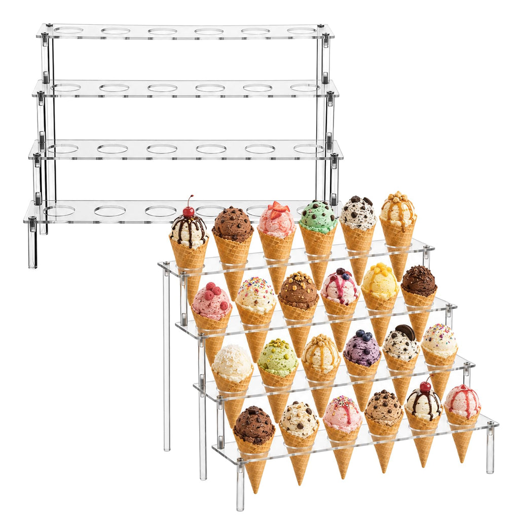 2PCS 4-Tier Acrylic Ice Cream Cone Holder, 24 Holes Cupcake Stand Clear Acrylic Dessert Display Stand, 11.8 x 7.5 in Waffle Cone Rack for Party Wedding Birthday Buffet Dessert Table
