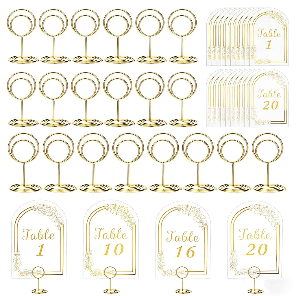 Gold Table Numbers 1-20 with Place Card Holders, Table Number Holders