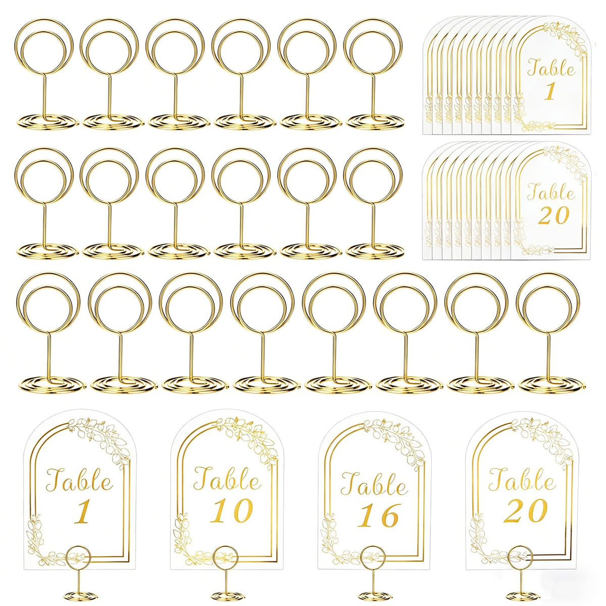 Gold Table Numbers 1-20 with Place Card Holders, Table Number Holders