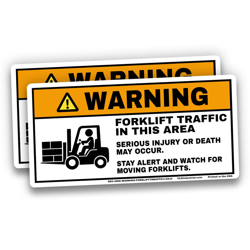 Forklift Traffic Warning Labels 5"x10" (Pack of 2) – ANSI Z535 Safety Decals, Heavy Duty Premium Vinyl, UV Laminated, Aggressive Adhesive, Warehouse & Industrial Forklift Hazard Signs - 5x10 2pc