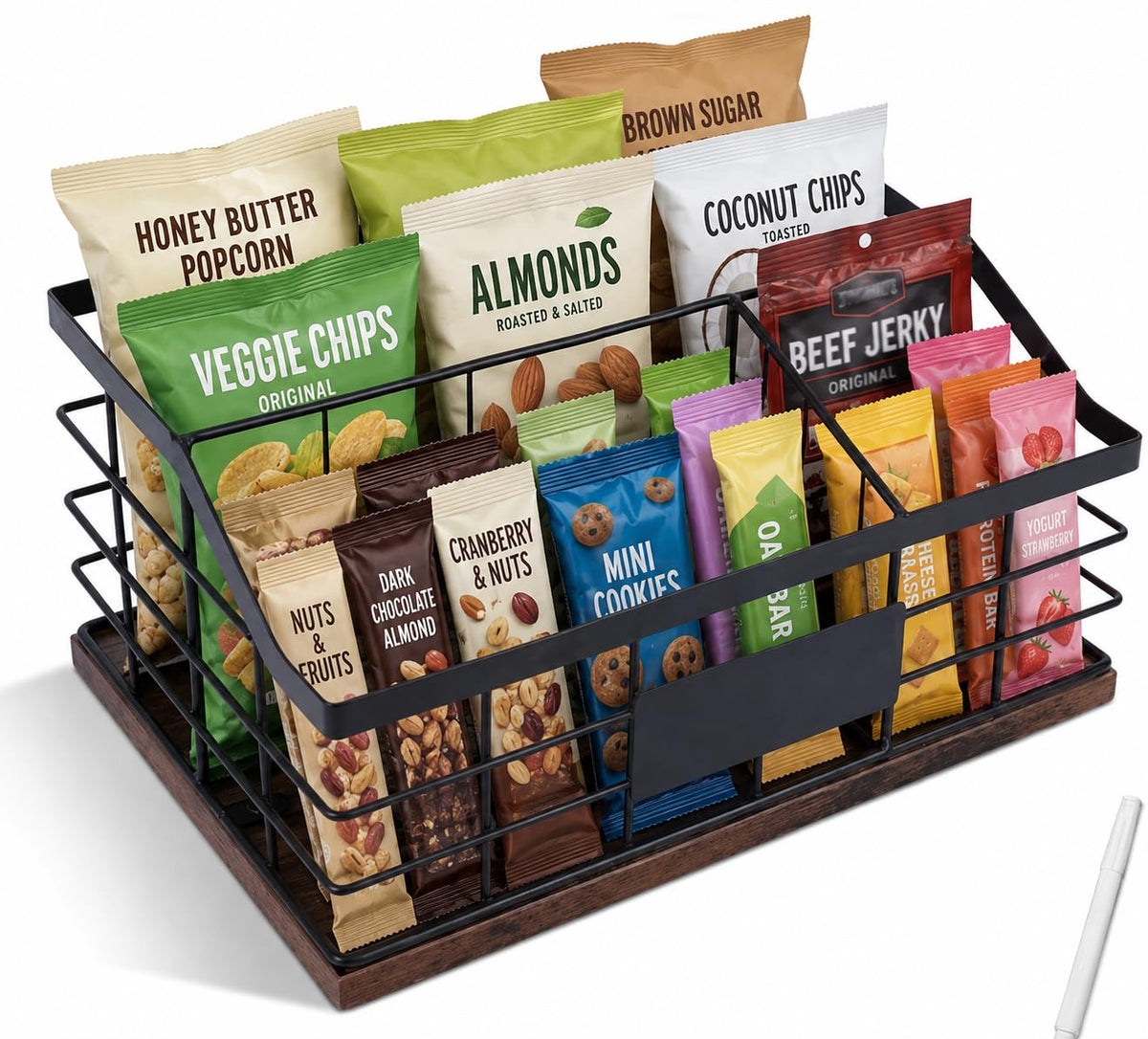 3-Compartment Metal Snack Organizer for Countertop, Snack Basket with Wooden Base and Pen, Chip and Candy Storage Bin for Kitchen Pantry and Snack Bar Station, Black