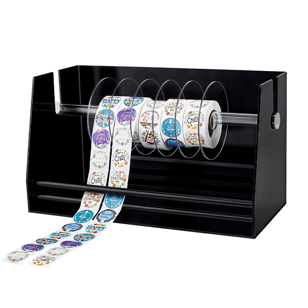 PH PandaHall Adjustable Label Dispenser Acrylic Sticker Roll Dispenser Black Label Roll Holder Organizer 1.81x5.51x6.65in for School Supplies School Home Office Desktop Craft Paper Labels