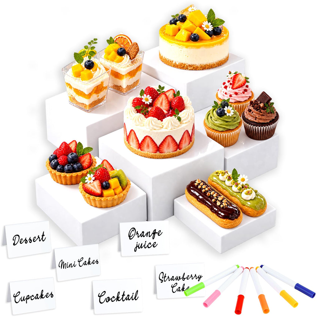 6 Pcs White Acrylic Buffet Risers with 6 Mini Sign and 6 Marker (6 sets)