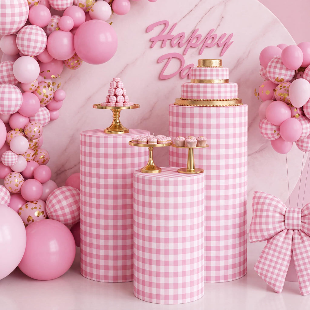 Tigeen 3 Pcs Cylinder Pedestal Stand Covers, Gingham, Pink and White