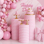 Tigeen 3 Pcs Cylinder Pedestal Stand Covers, Gingham, Pink and White