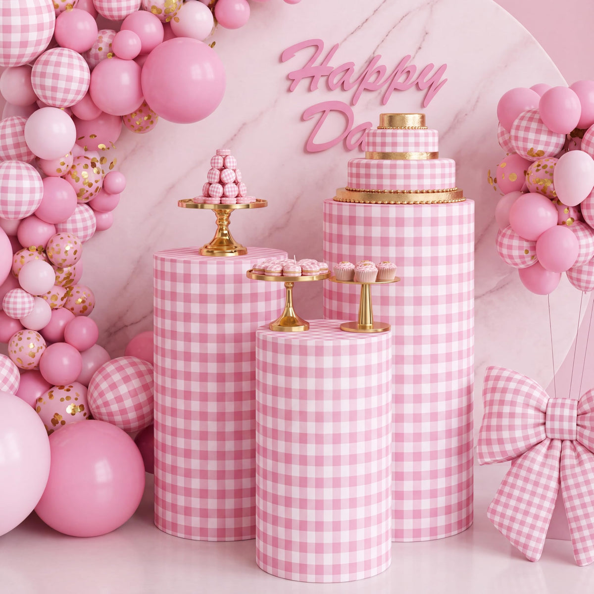 Tigeen 3 Pcs Cylinder Pedestal Stand Covers, Gingham, Pink and White