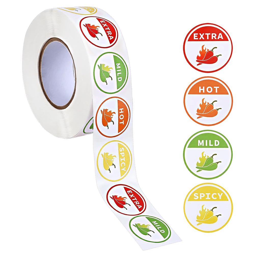 FINGERINSPIRE 1000 Pcs 4 Level Hot Spicy Stickers Round 1inch Self Adhesive Labels Paper Spicy Indicator Stickers for Restaurant Grocery Store, Pepper Warning for Chili Lovers