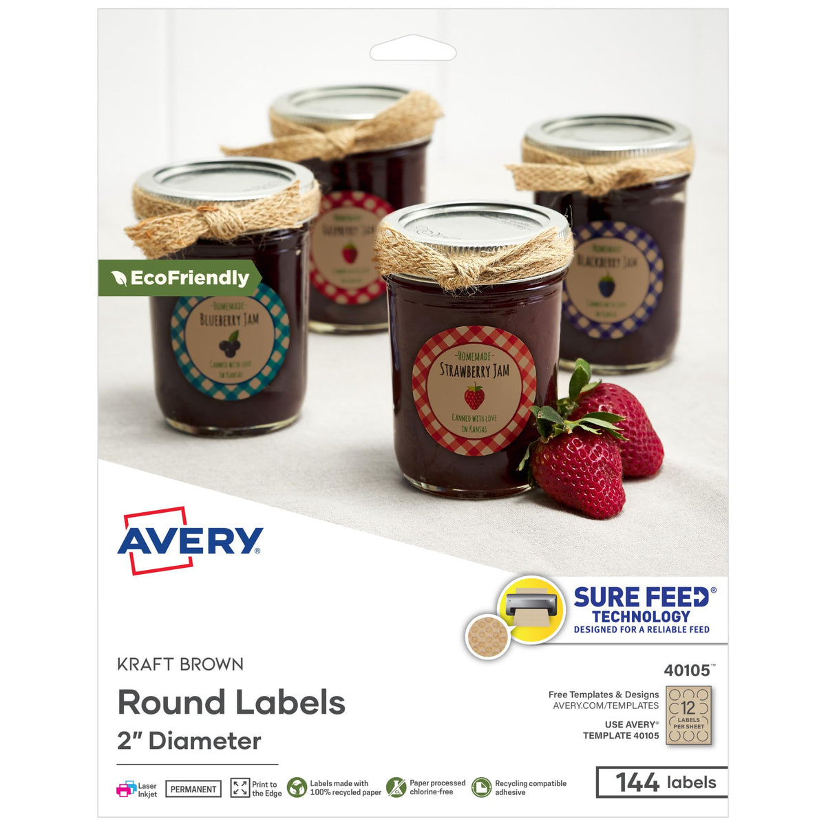Avery Round Labels, 2" Diameter, Kraft Brown, Sure Feed Technology, Print-to-The-Edge Capability, Laser/Inkjet Compatible, 144 Printable Labels Total (40105) 144 labels