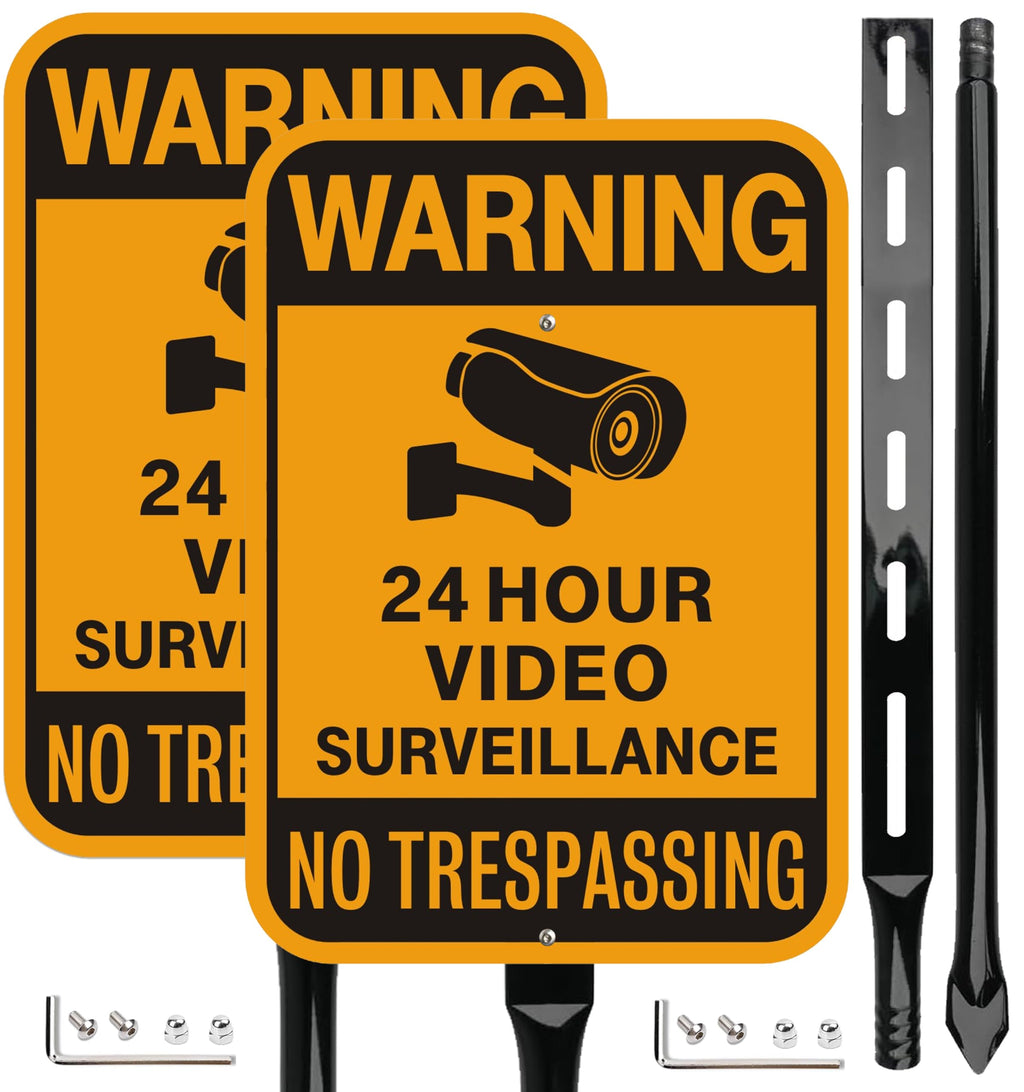 Video Surveillance No Trespassing Warning Sign with 36" Metal Stake, 10x14 Inch Aluminum, Reflective, 2Pack