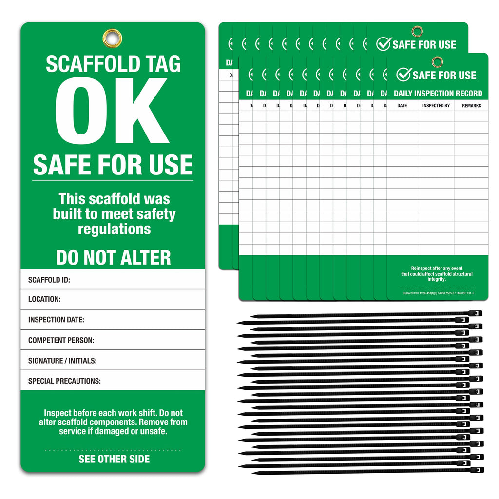 Scaffold Inspection Tags 25 Pack, OSHA Green Safety Tags with Cable Ties