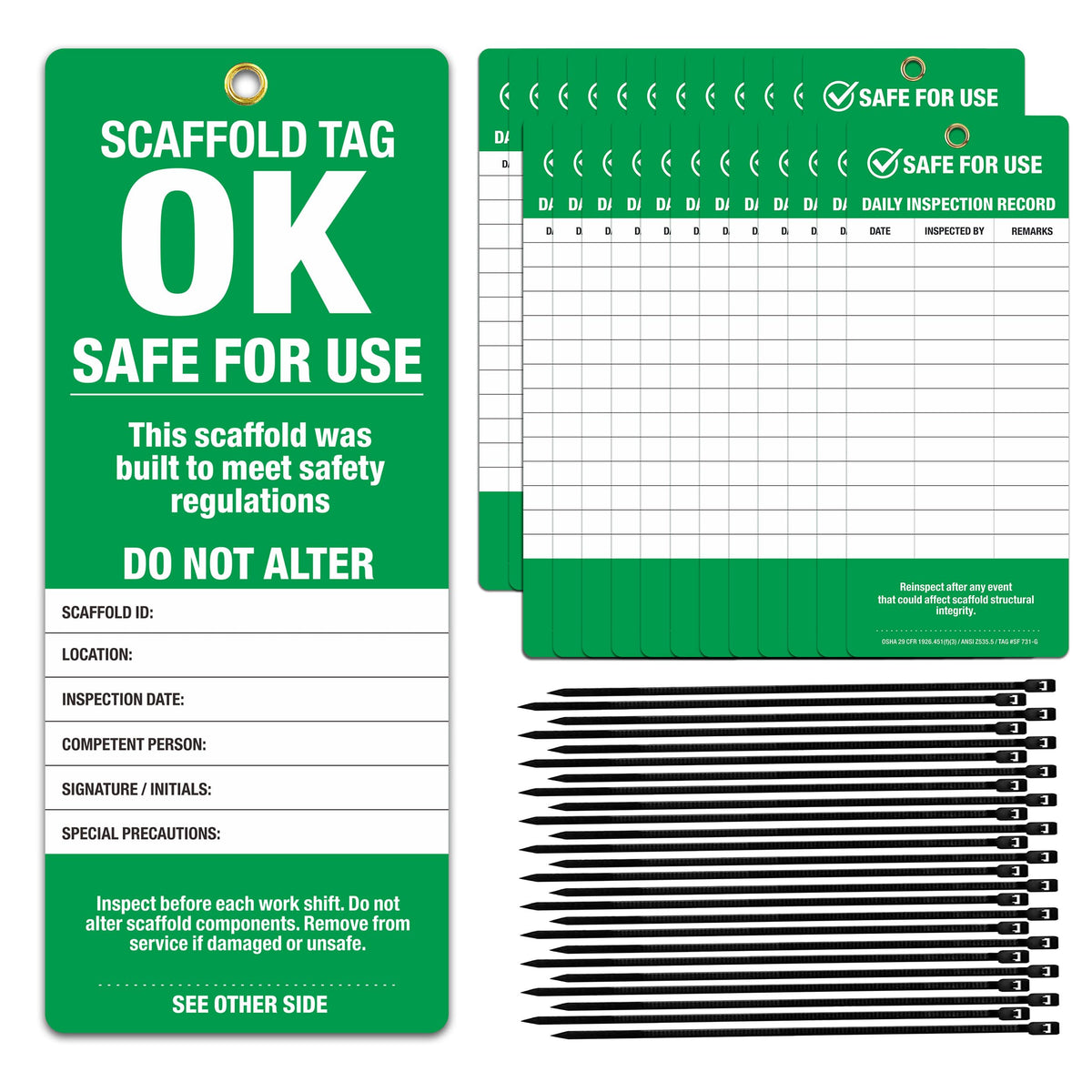 Scaffold Inspection Tags 25 Pack, OSHA Green Safety Tags with Cable Ties