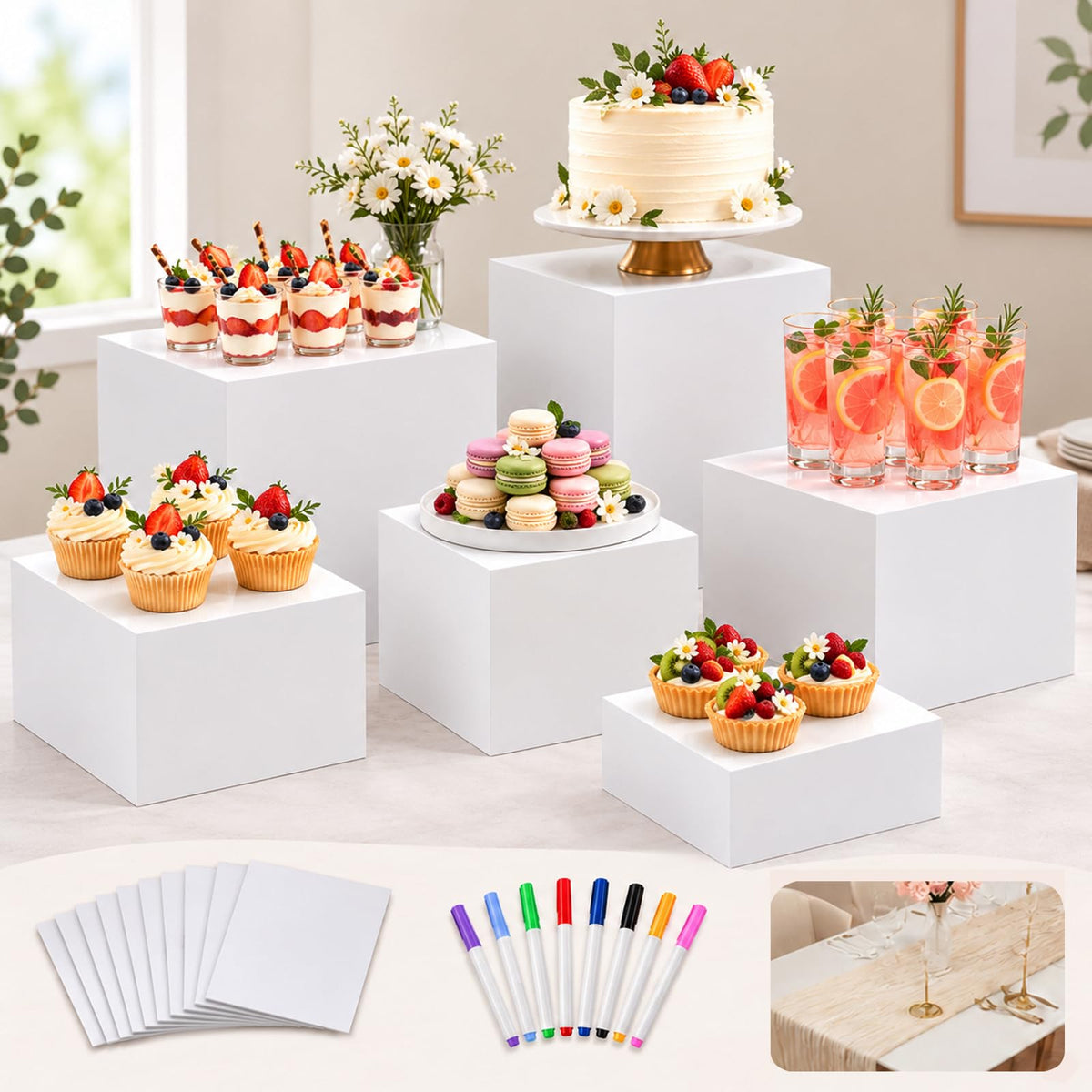 6 PCS Buffet Risers with Table Runner, Food Display Risers for Buffet Table White 3'',4'',5'',6'',7'',8''