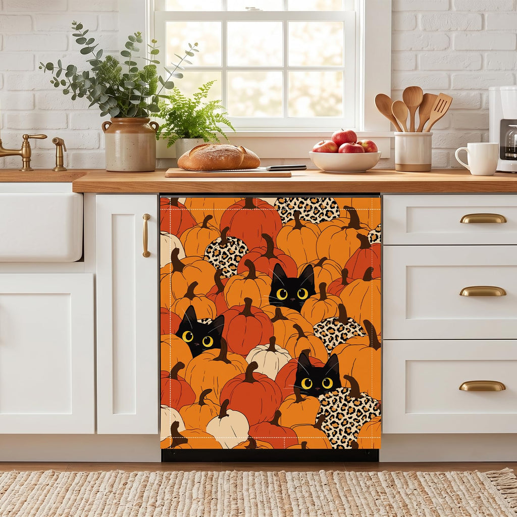 Halloween Cat Dishwasher Magnet Cover, Pumpkin Reusable Appliances Panel