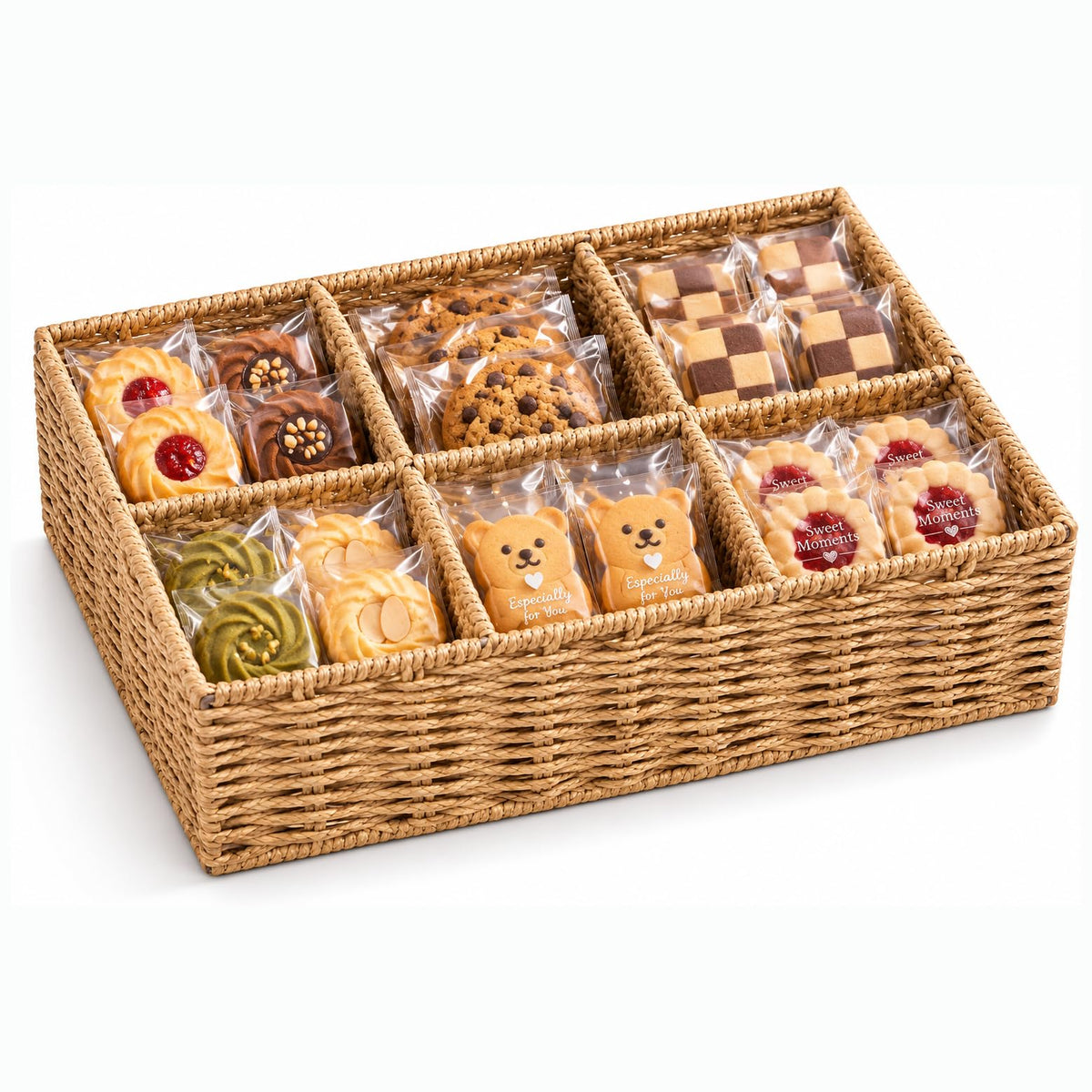Cookie Display Stand, 6-Compartment Woven Snack Basket for Vendors, Natural