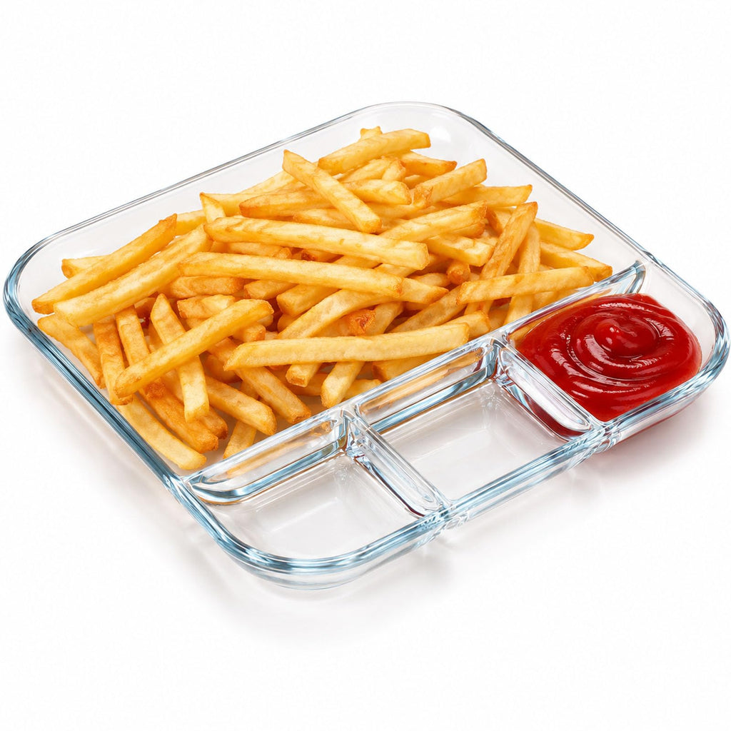 Glass Chips and Dip Serving Dish, Square Divided Appetizer Tray