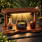 Matcha Station Organizer with Motion Sensor LED Light, 2-Tier Bamboo Matcha Stand Shelf, Countertop Coffee & Tea Station Organizer