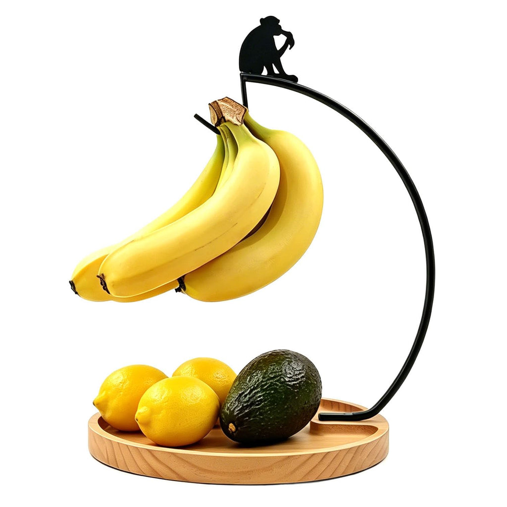Banana Holder Stand with Wood Fruit Tray,Stand for Countertop,14.9" height Monkey