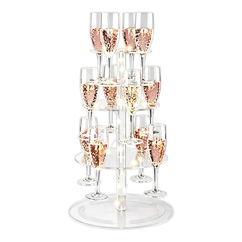WADORN 3-Tier Clear Acrylic Champagne Tower, Champagne Display Rack Stand with 12 Slots Round Cocktail Stemware Tree Stand Holders for Wedding Celebration Bar Party Cocktails Margarita Cups Display