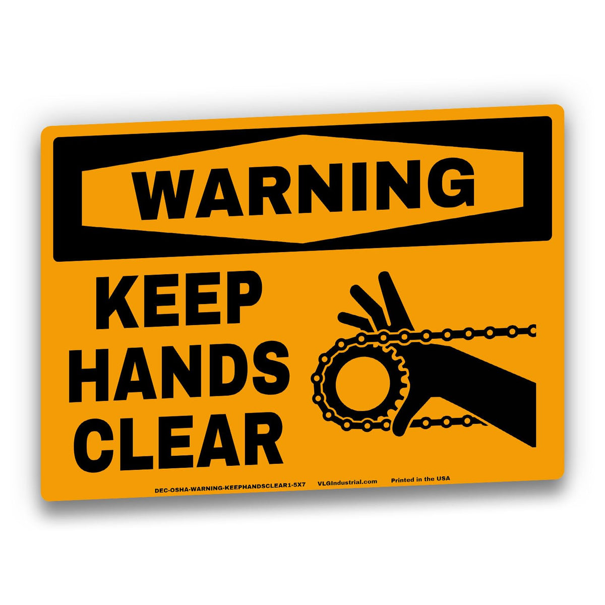 WARNING Keep Hands Clear Safety Labels 5-Pack, OSHA Style Moving Chain & Sprocket Hazard Decals, Industrial Machine Safety Stickers, Waterproof UV Laminated Vinyl, 5"x7" Equipment Warning Labels