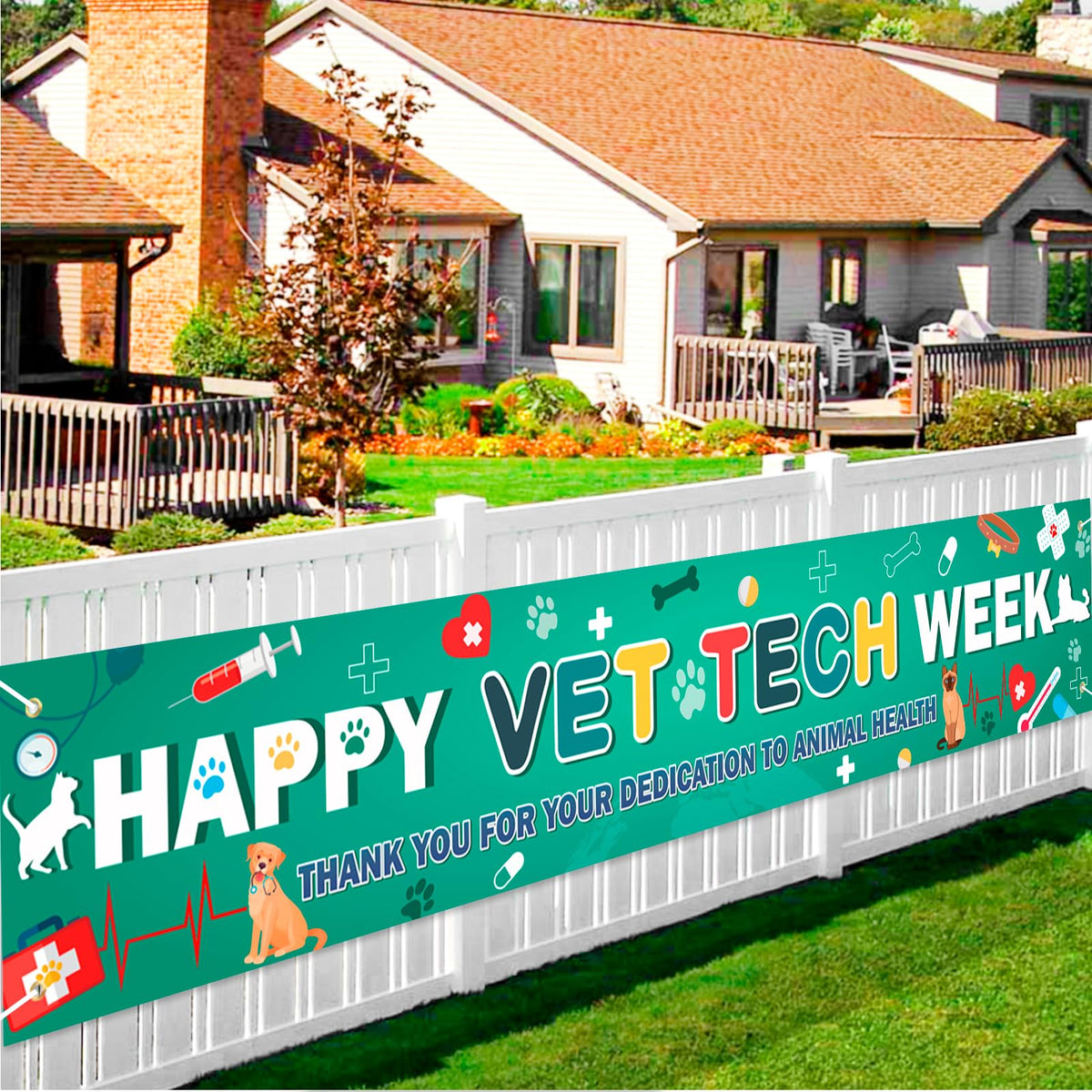 HOWAF Happy Vet Tech Week Banner, Veterinary Technician Appreciation Yard Banner, Dog Cat Paw Print Pet Clinic Outdoor Fence Hanging Sign, Vet Staff Thank You Party Decorations Supplies