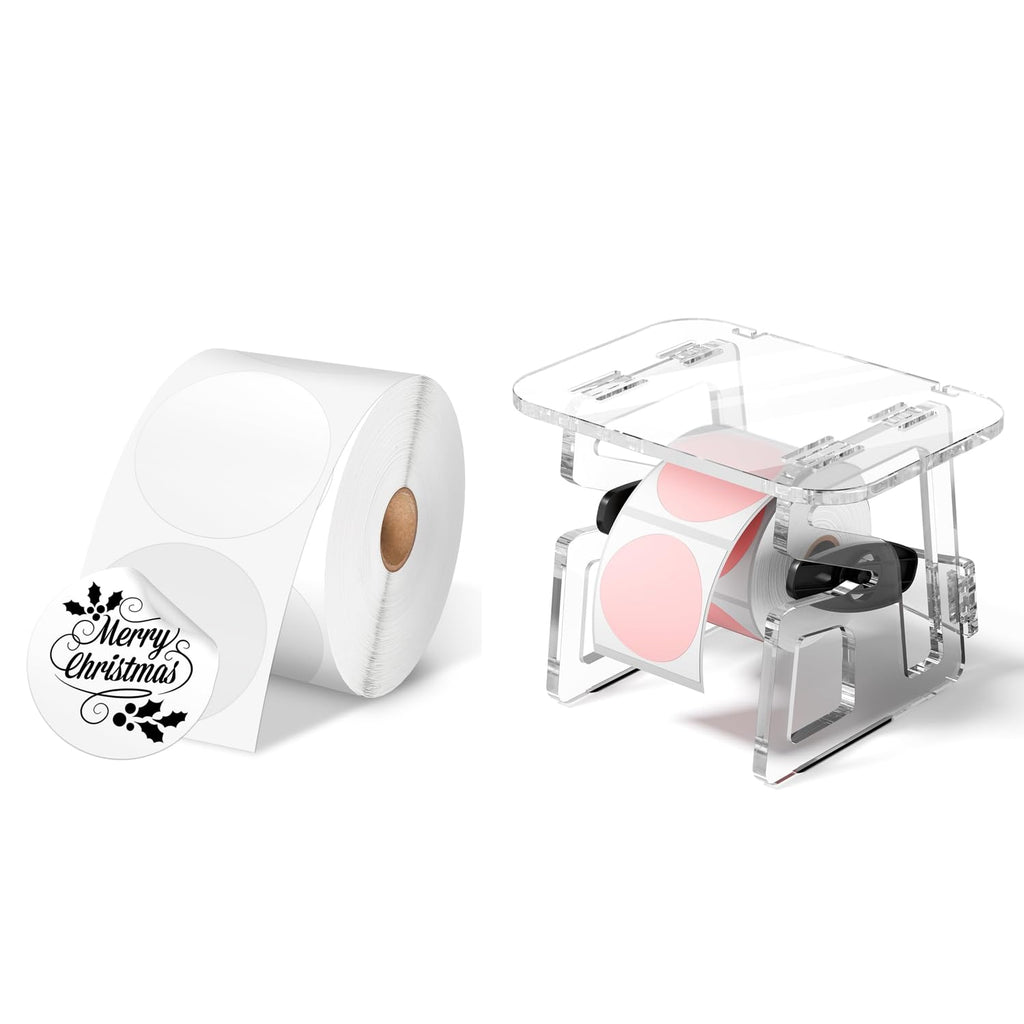Genuine 2” White Circle Thermal Labels 750 Labels & Label Holder for Roll & Fanfold Labels