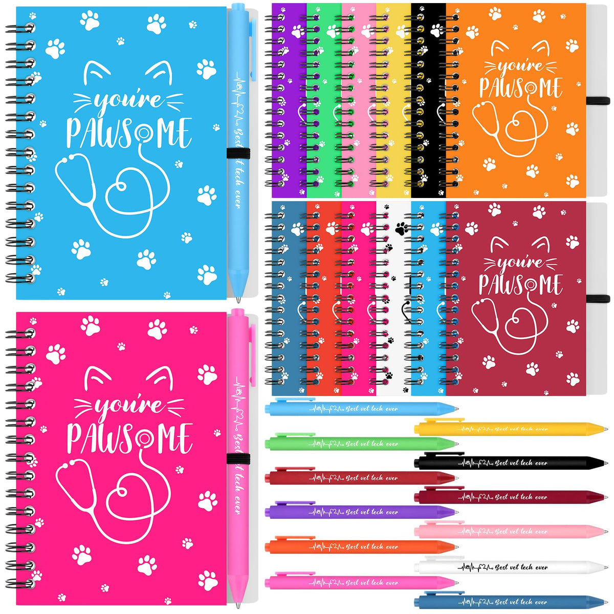 12 Sets Vet Tech Week Gifts Bulk Dog Paw Notebooks with Ballpoint Pens
