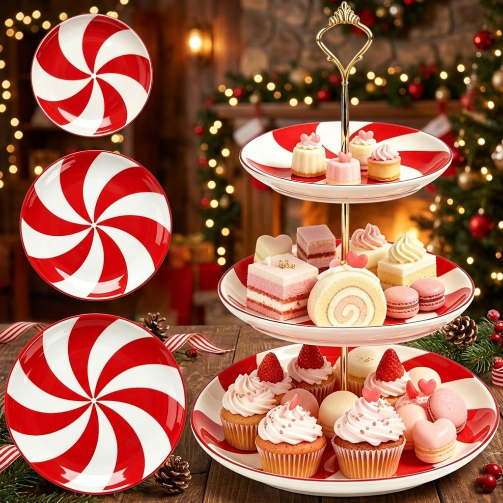 3 Tiers Christmas Peppermint Ceramic Cake Stand Dessert Tray