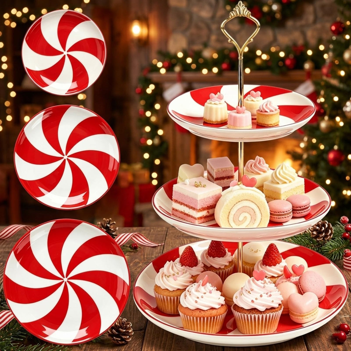 3 Tiers Christmas Peppermint Ceramic Cake Stand Dessert Tray