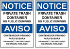 ComplianceSigns.com NOTICE Private Trash Container No Public Dumping Bilingual OSHA Safety Label Decal, 10x7 in. Vinyl (Pack of 2) 10x7 inches (Pack of 2)