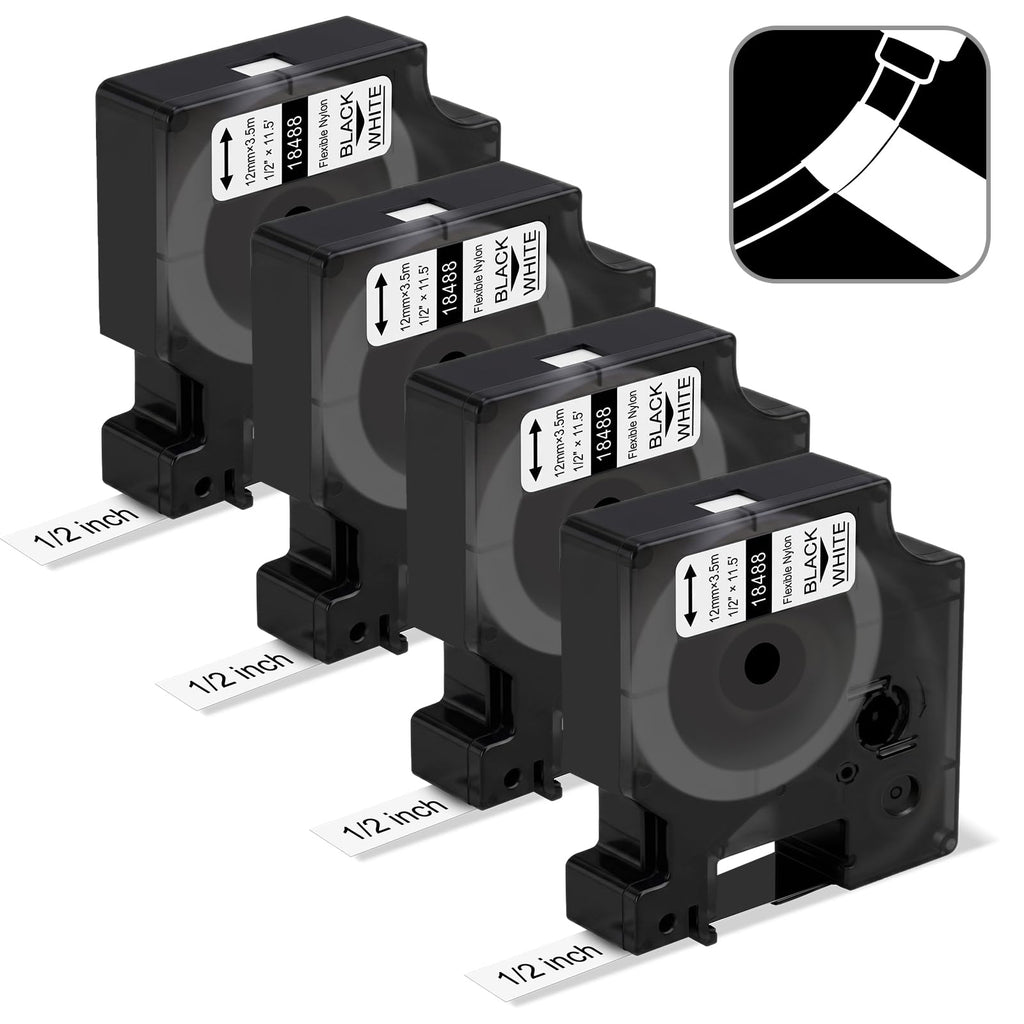 4 Pack Compatible with Dymo 18488 Rhino Industrial Flexible Nylon Labels, A18488 1/2" Black Print on White Tape Work with Rhino Pro 4200 5200 5000 6000 3000 Label Maker, 1/2in x 11.5ft (12mm x 3.5m) Black on White Flexible Nylon Tape 4