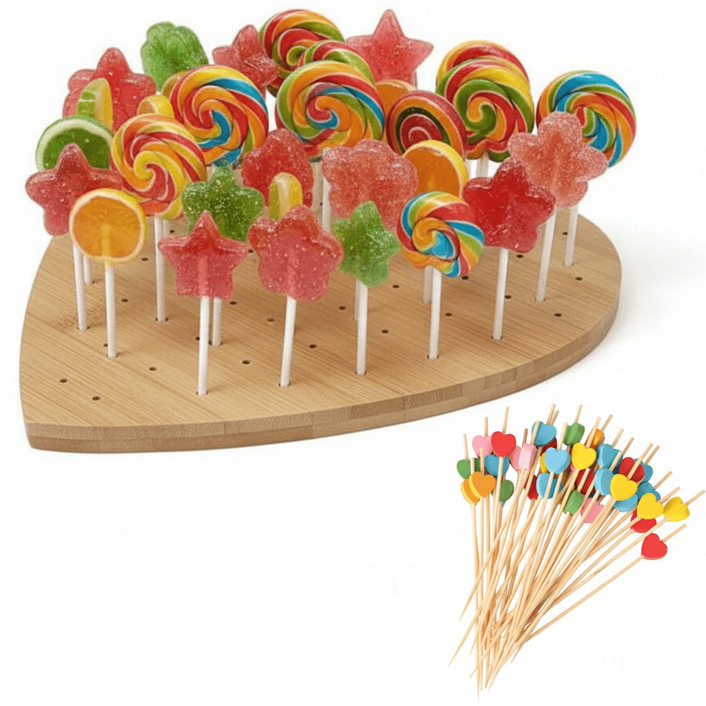 59-Hole Heart Wooden Cake Pop Display Stand with 100 Pcs Sticks