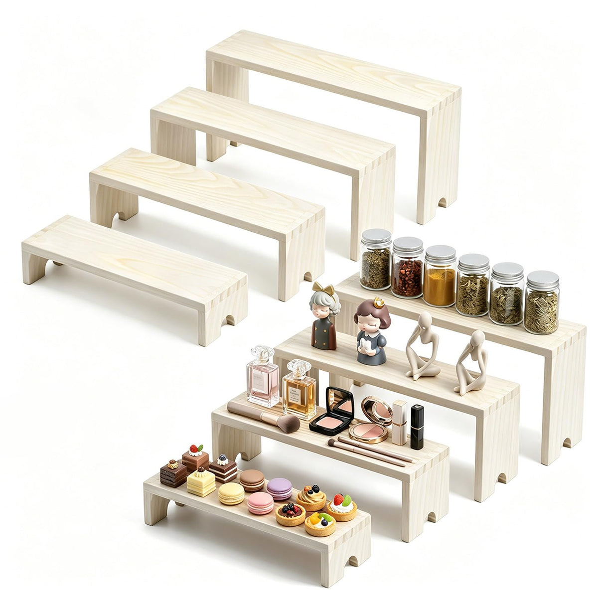 2 Set Wooden Tiered Risers Display Stands,Large Wood Display Risers,Stackable Wooden Cupcake Stand Tiered Riser Display Stands,for Vendor Events,Food Display Risers for Party,2 Set 4 Tiered(Nature) Nature