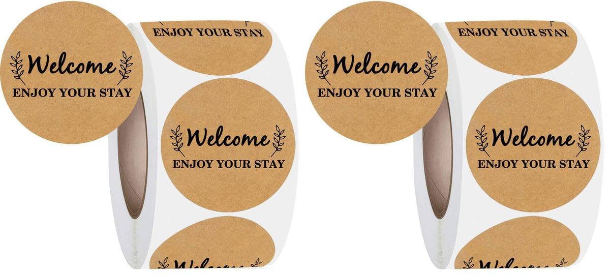 500 PCS Welcome Hotel Guest Kraft Paper Stickers Welcome Enjoy Your Stay Stickers Hotel Key Card Envelope Seals for Welcoming Guests and Decorating (Pack of 2) 2 inches in diameter (Pack of 2)