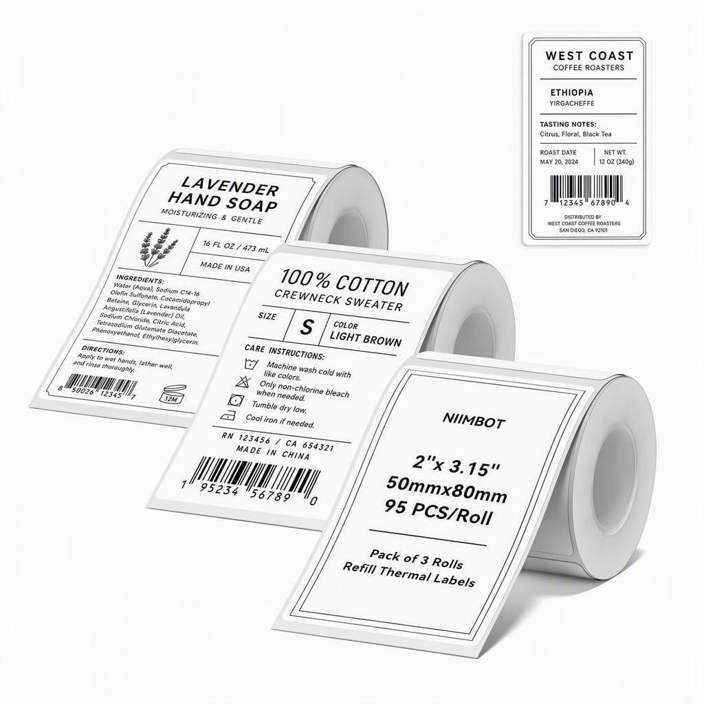 NIIMBOT White Thermal Label,2"x3.15"(50×80mm), 3‑Roll Multipurpose Business